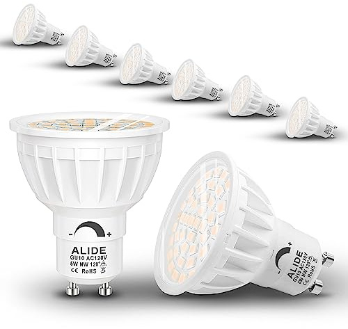 ALIDE Dimmable GU10 Led Bulbs,Replace 50W Halogen,4000K Neutral White Flood Wide Angle 120 Deg,AC120V GU10 5W Led Bulbs for Floodlight Track Recessed Accent Ceiling Lighting,500lm,6Pack