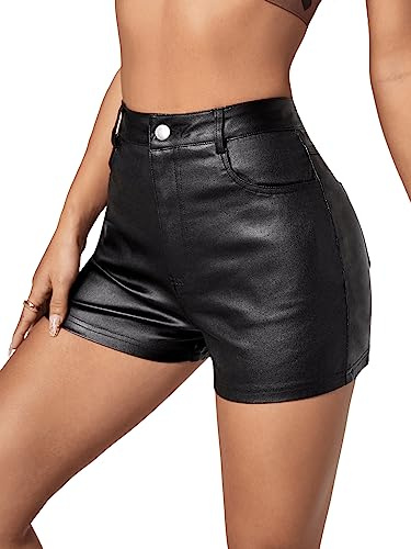 GORGLITTER Dam stretch shorts korta byxor PU-läder utseende konstläderbyxor nattklubb byxor med ögla och dragsko, Svart enfärgad, M