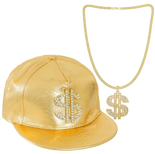 Bskifnn Hip Hop Kostüm Hut Kit 80er 90er Gold Hut mit Dollar Zeichen Halskette Rapper Kostüm für Damen und Herren