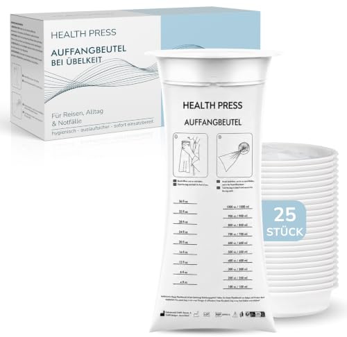 Health Press Auffangbeutel, 25 Brechbeutel mit Mundstück | Reißfester Spuckbeutel mit Ring, Einweg Spucktüten, Kotztüten für Erbrechen, Übelkeit, Unterwegs, Auto, Reiseübelkeit