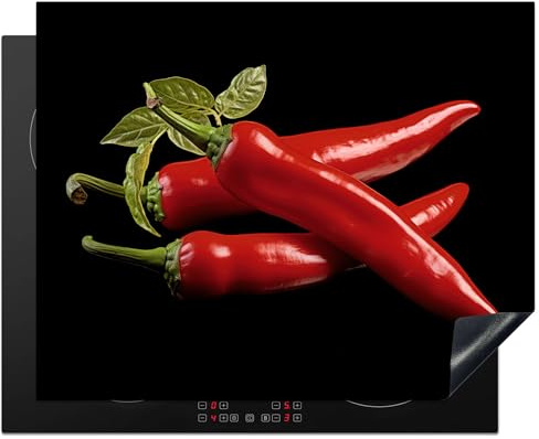 KitchenYeah© Protection Plaque Induction Protege Deco Cuisine Cache Protège | 65x52 cm - De Cuisson Accessoire Poivron Rouge - Rouge - Herbes - Épices - Noir