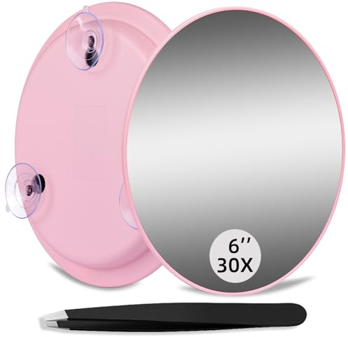 JJhxr Miroir grossissant x30, miroir grossissant rond de 15,2 cm avec 3 ventouses, grossissement de voyage 30x et kit de pince à épiler – Utilisation pour le maquillage, enlever les points noirs et