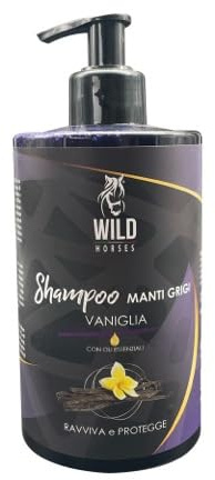 Wild Horses | Shampoo Cavalli Manti Grigi con Oli Essenziali, in Caso di Manto Opaco che Tende all'Ingiallimento, Vaniglia, 500 ml, Made in Italy