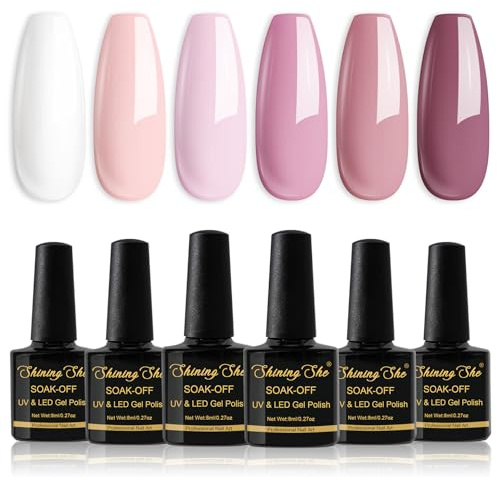 Shining She UV Nagellack Set, 6 Farben Weiß Babyrosa Nuderosa Dunkelrosa Uv Gel Nagellack Soak-Off UV nagellack für Anfänger Nail Salon DIY,8ML