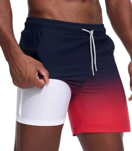 Danfiki Badshorts för män badbyxor 2 i 1 med nätkomprimeringsfoder med dragkedja fickor gradientfärg snabbtorkande, Röd-svart toning, M