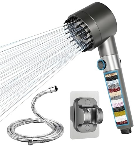 AGSYFFD Pommeau de Douche Haute Pression Anti-Calcaire avec Filtre Remplaçable, Douchette Économique 4Modes (Massage/Jet/Pluie/Eau Douce) + Flexible 2M et Support Murale Amovible