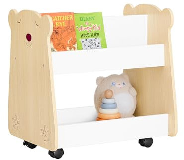 SoBuy Kinderregal mit Rollen Organizer für Kinder Aufbewahrungsschrank für Spielzeug und Bücher Möbel in Kinderzimmer Weiß und Natur BHT ca. 50x53x40cm KMB103-WN