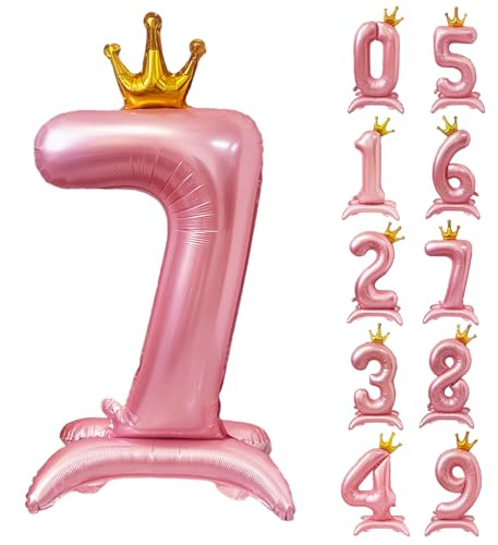 42 Zoll Rosa Zahl Ballon Stehende Zahl 7 Luftballon mit Krone Rosa Krone Ballon Zahlen 0-9 Groß Helium Ballons für Geburtstag Party Dekorationen Hochzeit Deko