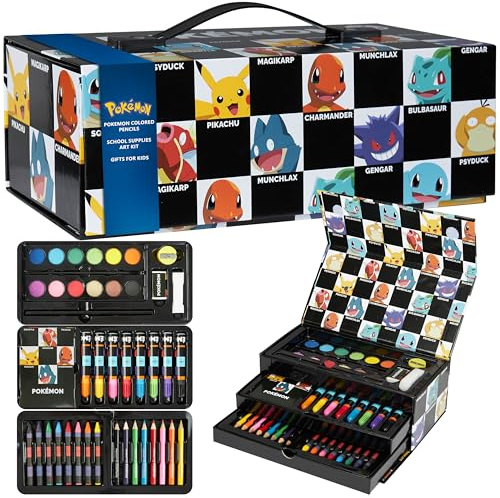 Pokemon Malkoffer Kinder Bastelset Malen Set mit Wasserfarben Filzstifte Buntstifte Wachsmalstifte Pikachu Geschenke für Kinder (Schwarz)