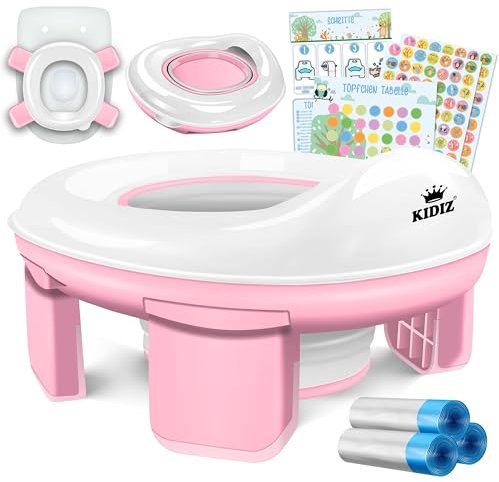 KIDIZ® Toilettensitz Kinder Töpfchen Töpfchentrainer WC Sitz | Lerntöpfchen bequemem, PP-Material mit Müllbeutel | Kindertöpfchen für Unterwegs & Belohnungssystem mit Stickern 3 in 1 Lösung