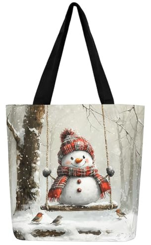 Loussiesd Frohe Weihnachten Leinwand Einkaufstasche Weihnachtsschneemann Schaukel Stofftasche für Strand Einkaufen Weihnachten Schlafzimmer Einkaufsbeutel Weihnachten Tragetasche