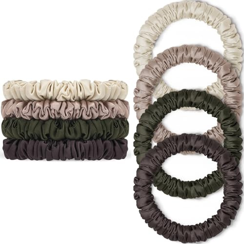 Scrunchies Haargummis Seide Satin Scrunchy, WantGor Damen 4PC Pure Mulberry Silk Skinny Elastische Haargummis Haarbänder Armbänder Pferdeschwanzhalter Haarschmuck (Beige,Champagner,Kaffee,Grau-Grün)