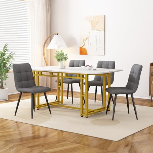 HAUSPROFI Esstisch Set mit 4 Stühlen, Rechteckig Küche Esstisch Sitzgruppe, Modern Design Holzmöbel Esszimmergruppe für Wohnzimmer Küche Büro (Grau + Gold, Leinen, 120x74x70cm)