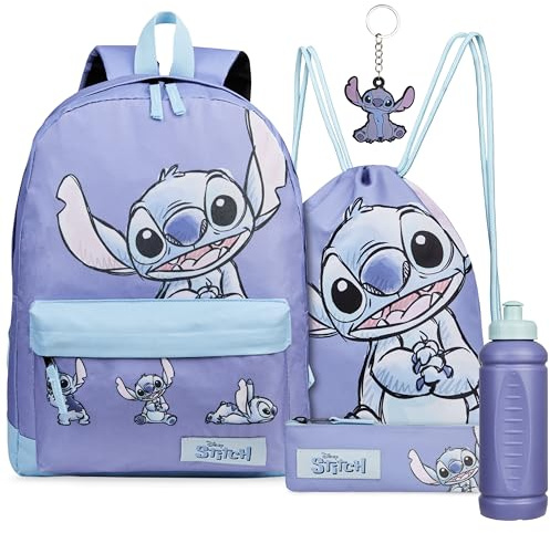 Disney Stitch Zainetto Bambino Set 5 Pezzi Zaino Scuola Borse Coulisse Morbida Astuccio Borraccia Portachiavi Simpatici Regalo Ragazza