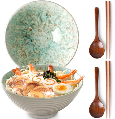 NUTRIUPS 2 x 1200ml Ramenschüssel aus Keramik mit Essstäbchen und Löffeln, 20cm Bowl Schüssel Suppenschüssel Groß，Waldgrün