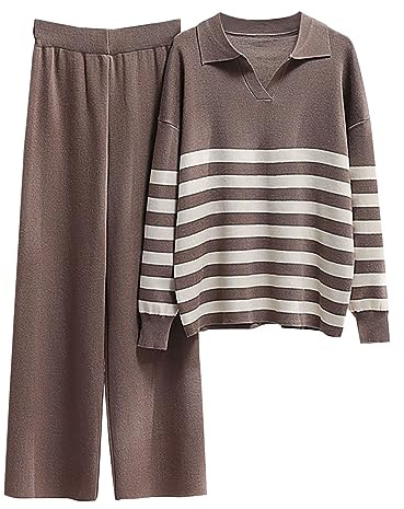 Huoghebg Completi Donna in Maglia a Due Pezzi, Tuta da Donna Abbigliamento da Casa Set Top in Maglia a Righe + Pantaloni a Gamba Larga Tuta da Casa da Donna Alla Moda Streetwear Per Uscire, Incontri