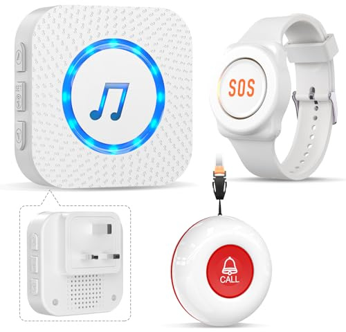 Personal Alarms For Elderly/Elderly Alarm Call Button/Panic Button Alert/Alarm Bell For Elderly/ Patient 500ft With 1 Uk Plug-In Receiver 1 Waterproof Transmitter (1receiver & 1transmitter & 1watch)