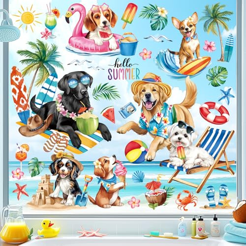 decalmile Fensteraufkleber Sommer Hunde Haustier Fenster Abziehbilder Golden Retriever Palme Baum Hawaii Anti-Kollision Fenstersticker Glas Fensterdeko Aufkleber