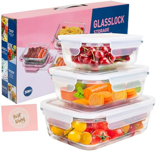 Glass Food Containers With Lids, Meal Prep Glass Food Storage Containers With Lids,BPA Free, Stackable, Leakproof,High Temperature Resistance for Microwave, Oven, Freezer and Dishwasher, 3 Pieces