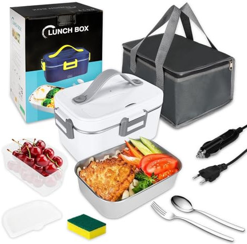 Lunch Box Scaldavivande Elettrico Portatile,12V/24V/220V~240V 1.8L 75W Porta Pranzo in Acciaio Inox,Con spazzola per la pulizia, cucchiaio e forchetta,Adatto per l'uso su automobili/camion/uffici