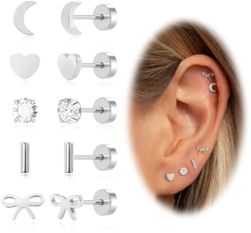 Orecchini a dorso piatto per donne, orecchini a perno con chiusura a vite in oro 14K argento, acciaio chirurgico ipoallergenico, piccoli orecchini a perno CZ a cuore barra fiocco, set di orecchini per
