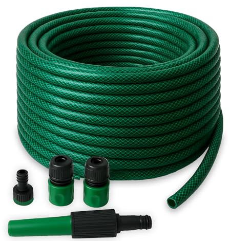 iTrend 30m PVC Fiber Braided Reinforced Garden Water Hose Pipe Set with Nozzles & Fittings – Durable, Flexible, Weatherproof, 4 Spray Patterns for Garden, Car Wash & Irrigation