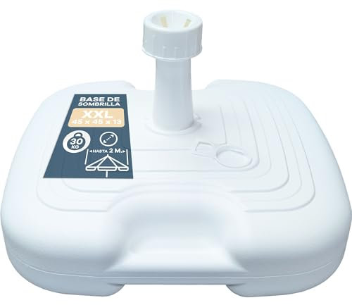 Base Sombrilla Terraza Exterior 45x26x13 cm, Cuadrada Blanca, Rellenable con Agua o Arena, Soporte Sombrilla Ø18-50 mm, Jardín, Piscina, Playa