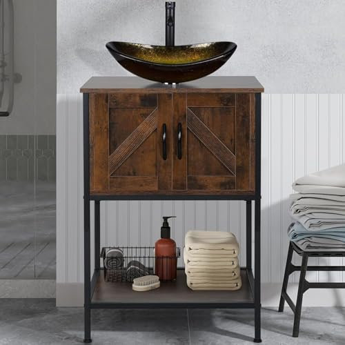 Armadietto da bagno rustico marrone con lavabo in vetro dorato da 60 cm, mobiletto autoportante per guardaroba, mobili da bagno eleganti e design salvaspazio