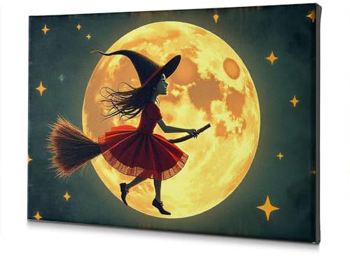 Taufdekorationen Eine Hexe, die auf einem Besen unter Vollmond fliegt, Leinwand-dekoratives Bild, Wohnzimmerdekoration, Wanddekoration, religiöse Osterdekoration (40 x 60 cm)