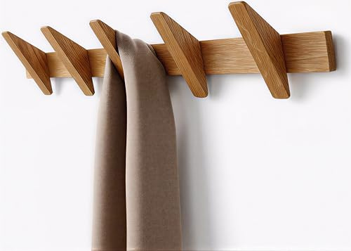 Garderobenhaken aus Eiche Massivholz – Garderobenleiste Holz mit 5 Haken – Moderne Hakenleiste & Flurgarderobe – Wandgarderobe aus Holz für Jackenaufhänger, Coat Rack & Garderobenpaneel
