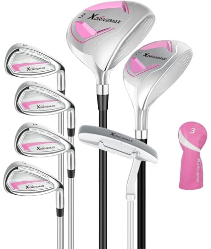 XDriveMax 7-Piece Women's Complete Golf Clubs Set (Clubs Only), Advanced Performance Set with 460cc Driver, Fairway Wood, Hybrid, Irons and Putter, Regular Flex (No Golf Bag Included),Left,Pink