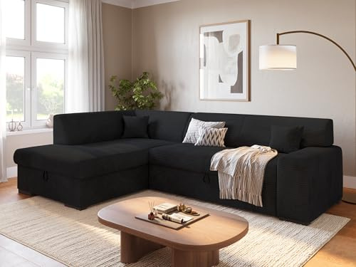 BROMARKT Ecksofa mit Bettkasten Schlaffunktion L 260cm Links Schwarz | Wohnlandschaft mit Schlaffunktion und Bettkasten L-Form Schlafcouch Eckcouch Bettsofa 3 sitzer Cordstoff Sofa für Wohnzimmer