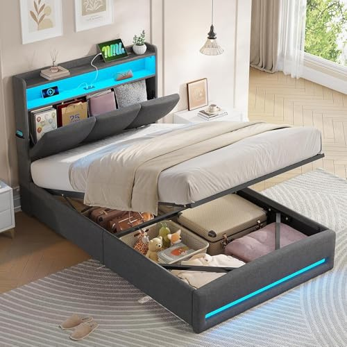 AOGLLATI Single Ottoman Bed 90x190 cm, Single Bed with Hydraulic Underbed Storage and Charging Ports, 3ft Bed Frame with LED Lights and Upholstered Storage Headboard, Space-saving, Dark Gray, Linen