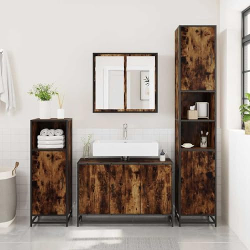 Hothingwell Mobile Lavabo Bagno Rovere Fumo 90x33x60 cm, Mobiletto con Piano d'Appoggio e Telaio in Metallo, Armadietto Portaoggetti in Truciolato