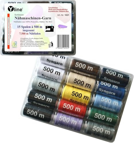 Set di fili da cucito in poliestere, per macchine da cucire, 15 bobine da 500 m, 1021