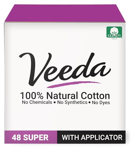 Veeda 100% Natural Cotton Tampons - Super Absorbency with leak proof protection - Compact BPA-Free Applicator - Unscented & Free from Chlorine, Toxin - 48 Count