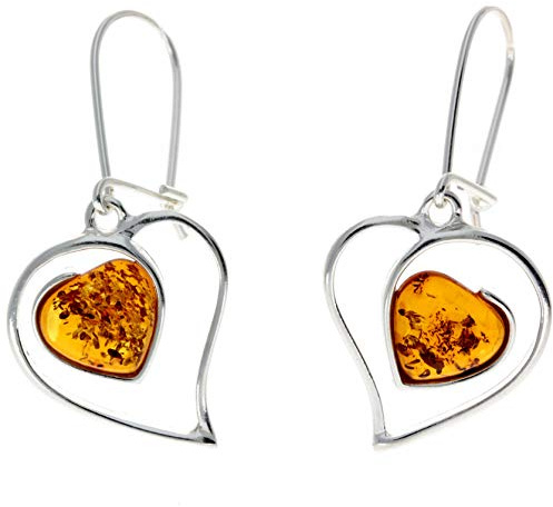 925 Sterling silver och äkta konjak baltisk bärnsten hjärta droppe örhängen SilverAmber Jewellery UK - GL127, Papper Bärnsten, Bärnsten