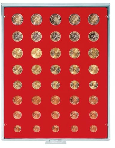 LINDNER Münzbox STANDARD für 5 Euro-Kursmünzensätze mit Hellgrauer Schublade und Klarsichtrahmen, Hellrote Münzeinlage, 40 runde Vertiefungen in unterschiedlichen Größen (für Kursmünzensätze)