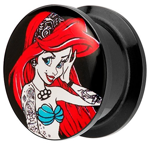 Piersando Ohr Plug Piercing Kunststoff Motiv Comic Picture Flesh Tunnel Ohrplug mit Tattoo Girl Arielle Schwarz Rot