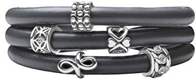 Quiges Damen Leder Wickelarmband Grau 60cm mit Charm Beads Versilbert Edelstahl Magnetverschluss