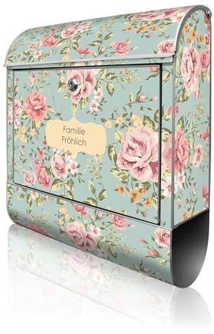 banjado Design Briefkasten personalisiert 38,5x46,5x13cm & 2 Schlüssel - Briefkasten Stahl Silber Zeitungsfach pulverbeschichtet - Postkasten A4 Einwurf inkl. Montagematerial - Motiv Altrosa Blume