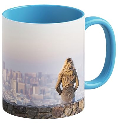 LOOXIS Personalisierte Fototasse, selbst gestalten, mit Bild + Text - Geschenk-Idee Geburtstag, Muttertag, Jahrestag - randloser Panoramadruck möglich - versch. Farben, 325ml, Blau