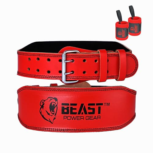 Weight Lifting Belt - 4” Genuine Leather Belts Padded Lower Back Support for Gym Bodybuilding Squat Deadlift Weightlifting Cross Strength Training Men Women Free Wrist Wrap