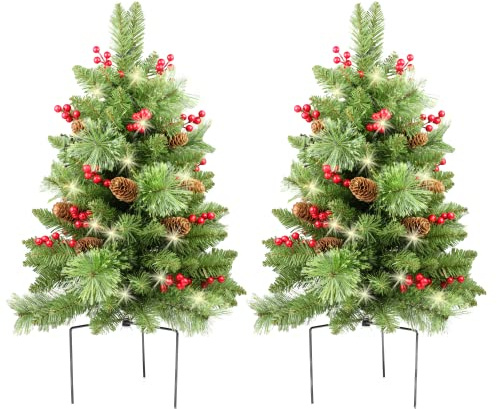 HomeKaren Christmas Tree 24 inch Prelit 2 Set Pathway Porch Christmas Trees Pre-Light LED Battery Operated Outdoor Xmas Decor for Entrance Driveway, Yard, Garden, Red Berries, Pine Cones
