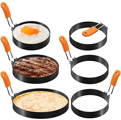 Patelai 6 Pcs Egg Ring Pancake Ring Set Stainless Steel Fried Egg Molds Griddle Pancake Shapers with Silicone Handle for Breakfast Omelette Sandwich (Round Style,4, 6, 8 Inch)