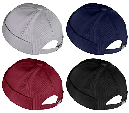 URATOT 4 Pieces Brimless Hat Docker Cap Retro Cotton No Brim Hat Adjustable Rolled Cuff Brimless Hats for Men