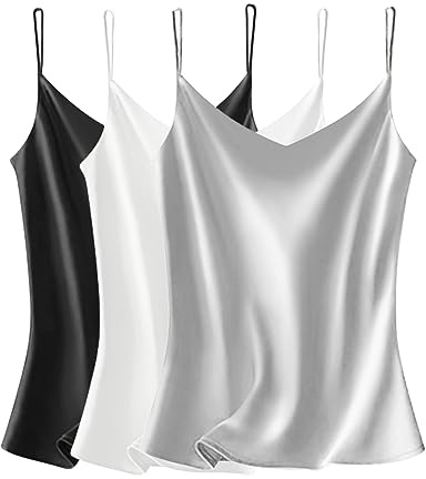 VIDUSSA Débardeurs Femmes Chemise Satin sans Manches Chemisiers Col V Blouse Haut T-Shirt Cami Tops 3 Pack BWGR XL