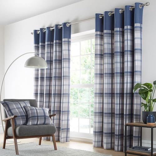 HOMEMAKER BEDDING Curtains Blue Grey eyelet ring top lined tartan check pair (66 x 90 (168x229cm))