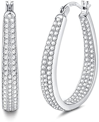 KRFY Ohrringe Creolen 925 Sterling Silber Post für Damen Mädchen Klar Schwarz Zirkonia 14 Karat Vergoldet Oval Grob Silber Ohrringe Creolen Schwarz