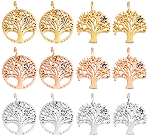 DICOSMETIC 3 Colori Ciondoli in Acciaio Inossidabile Fai da Te Antico Dorato Albero della Vita Ciondoli Ciondoli 3mm Piatto Rotondo con Ciondoli Ad Albero per Creazione di Gioielli Accessorio